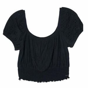 Hollister Womens Top Size M Solid Pullover Smocked Black Short Sleeve Crop Top